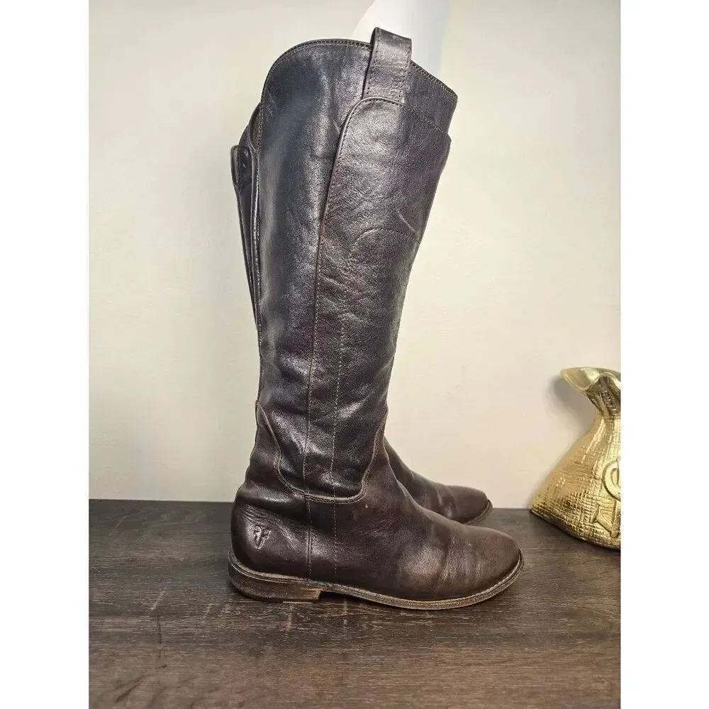 Frye Paige Tall Riding Boots Brown Leather Women's Size 7.5 B Pull On
